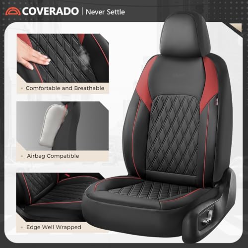 Image of Coverado Car Seat Covers Full Set, Leather Seat Covers, Automotive Seat Covers for Cars, Car Seat Covers Front Seats Back, Car Seat Protector Car Seat Cushion Universal Fit Most Cars Trucks, Black&Red