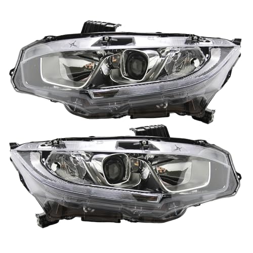 Headlight Assembly Fit for 2016-2021 Honda Civic Halogen Headlamp w/LED DRL Chrome Housing Replacement Driver Passenger Side