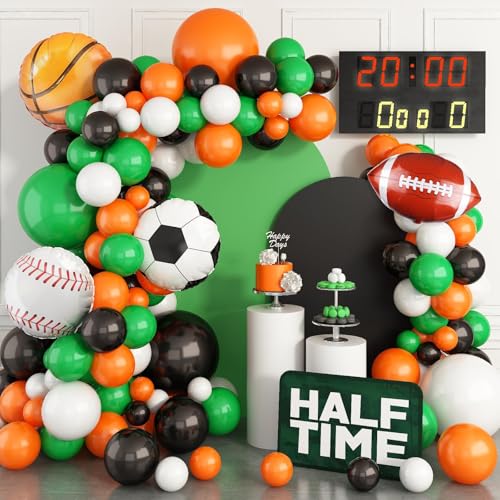 Sport Balloons Arch Garland,Ball Theme Balloon Garland Kit White Green Black Orange Balloons Ball Foil Balloons for Sports Theme Party Games Garden Theme Party Celebration Party