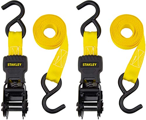 STANLEY S10002 Black/Yellow 1' x 10' Ratchet Tie Down Straps - 500 lb Safe Working Load / 1,500 lbs Break Strength, 2 Pack