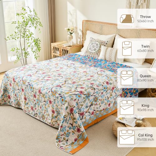 Image of VANJOROY Boho Throw Blanket, 100% Organic Cotton Breathable Skin-Friendly Ultra Soft 50 inch x 60 inch Bed Quilt Throw - Floral Rustic Decor Luxury Reversible Blanket for Sofa Couch Chair and Gift,