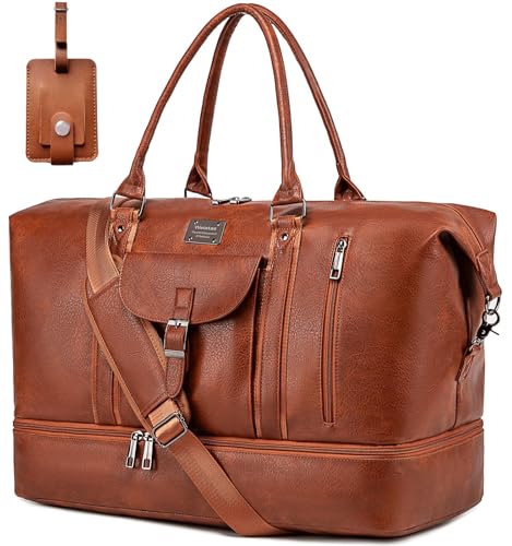 Leather Travel Duffel Bag for Women Men, Large Weekender Overnight Bag with Shoes Compartment, Waterproof Carry On Bag Travel To
