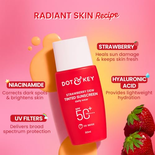 Image of Dot & Key Strawberry Dew Tinted Sunscreen SPF 50+ Pa++++ - 05 Beige In-Vivo Tested | For Daily Wear, Brightens & Protects Skin, Ultra-light, Blends Easily, With Niacinamide, Natural Finish, Non-Greasy, Non-Sticky | 50ml