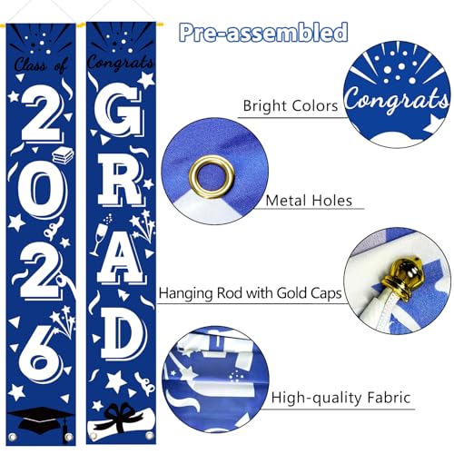 Image of Graduation Porch Banner Class Sign Congrats Grad Hanging Flags High School College University Party Decoration For Front Door Outdoor Blue White