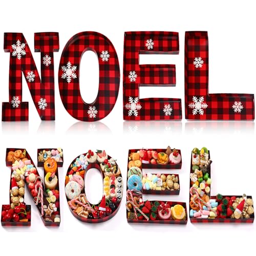 Tellingyou 4 Pcs 13.7''H NOEL Christmas Charcuterie Letters Fillable Cardboard Box Christmas Plaid with Snowflake Stickers Decoration Mache Candy Container for Xmas New Year Themed Decoration Supplies