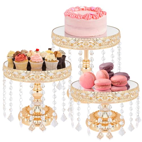 3 PCS Round Cake Stand with Crystal Bling Pendants European Style Lace Cake Plate Golden Premium Display Stand with Crystal Bling Pendants Dessert Showcase Set for Birthday Parties,Wedding,Banquet - Image 6