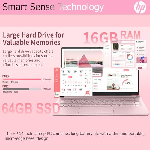 Image of HP Ultralight 14 inch Laptop with Intel 4-Core Processor • with Microsoft 365 and Wireless Earbuds • 8GB RAM • 64GB SSD • HD Display • Pink • Windows 11