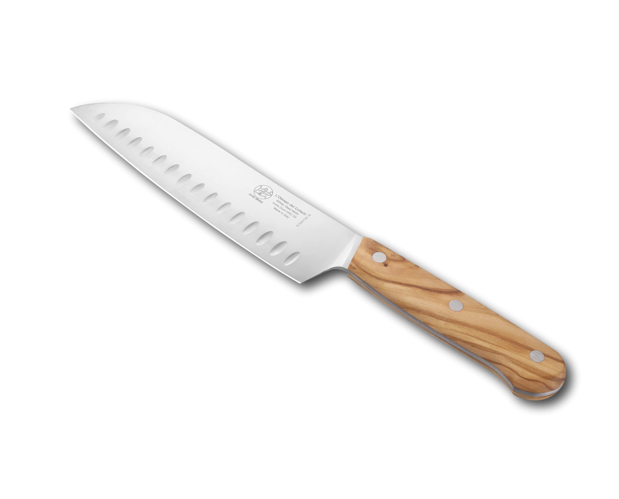 DUE BUOI SANTOKU KNIFE HOLLOW EDGE BLADE 18 CM - N690 STAINLESS STEEL - HRC 60 - OLIVE WOOD HANDLE