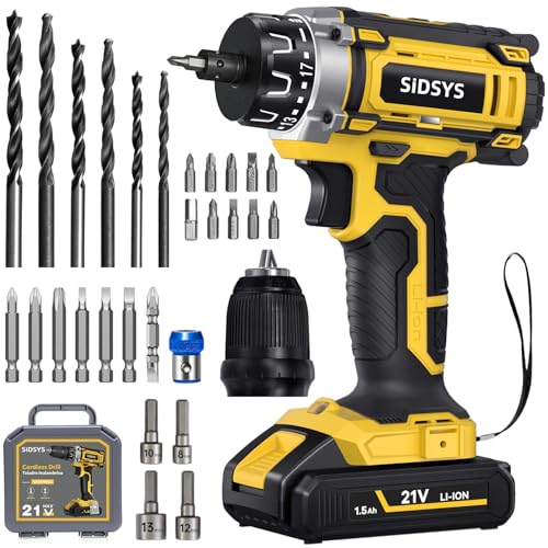 Image of SIDSYS 21V Max Cordless Electric Drill Set, 3/8" Keyless Chuck Power Drill 17+1 Torque, 2 Variable Speed, Built-In LED, Versatile Hand Drills for Wood Drilling/Screw Removal