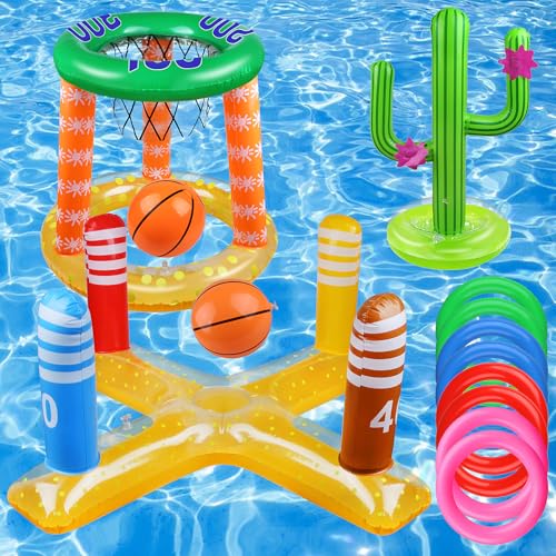 Pool Games Set-8 Inflatable Rings,Inflatable Basketball Hoop,Cactus Toss Game,Cross Toss