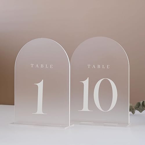 JINMURY Números de mesa de arco esmerilado para recepción de boda, paquete de 10 piezas de 5x7" Signos acrílicos de arco esmerilado con soporte,