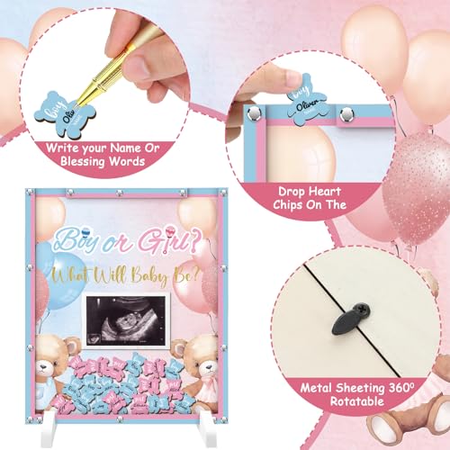 Image of Beeveer 65 Pcs Bear Gender Reveal Baby Shower Guest Book Alternatives Pink and Blue Bear Gender Reveal Decorations Sign in Guest Book with Picture Frame and 60 Wooden Chip for Party Keepsake
