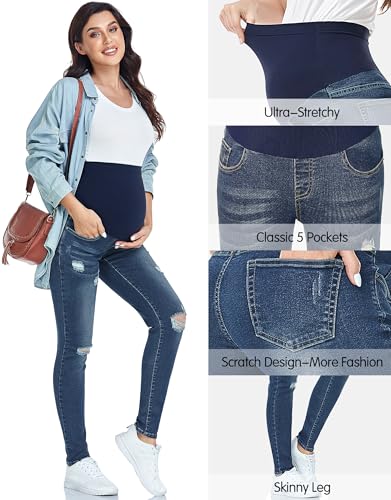 Image of PACBREEZE Women's Maternity Jeans Over Belly Skinny Stretchy Denim Pants Comfy Slim Pregnancy Pants