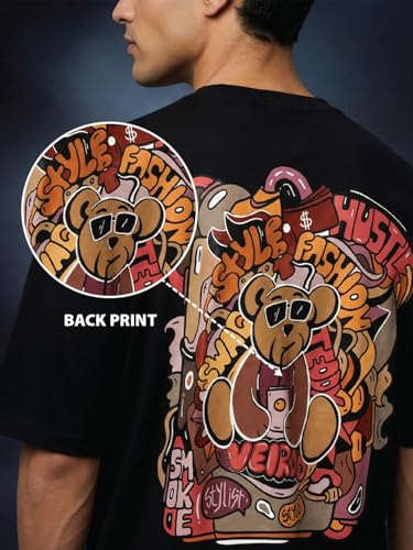 Image of Veirdo Men's Cotton Oversized Fit Oversized Baggy Fit Drop Shoulder Cool and Stylish Graphic Printed Design Half Sleeve T-Shirt (Available Sizes: S to 2XL)