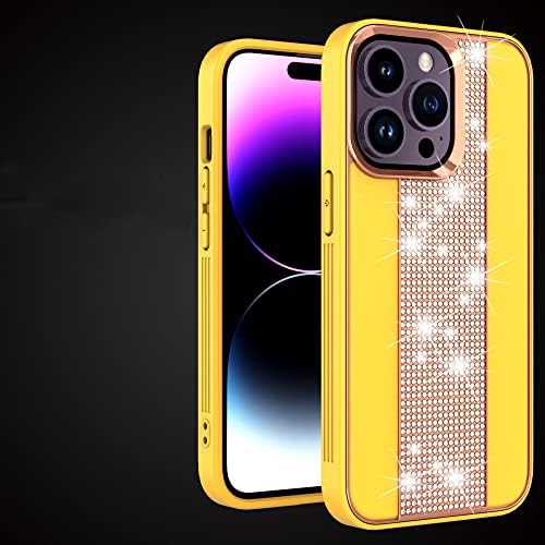 DUGROS Stick Leather Paste Diamond Mobile Phone Case for iPhone 12 13 14 Pro MAX Jewelled Glitter Non-Slip Phone Cases,Yellow,for iPhone 14 ProMax