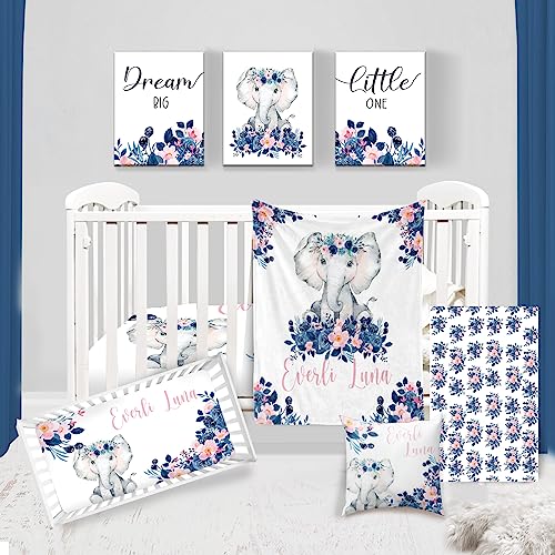 Personalized Baby Crib Bedding Set: Custom Baby Girl Crib Bedding Set Nursery Blanket Crib Sheet Changing Pad Cover with Elephant Dark Blue Floral Blue Bedding
