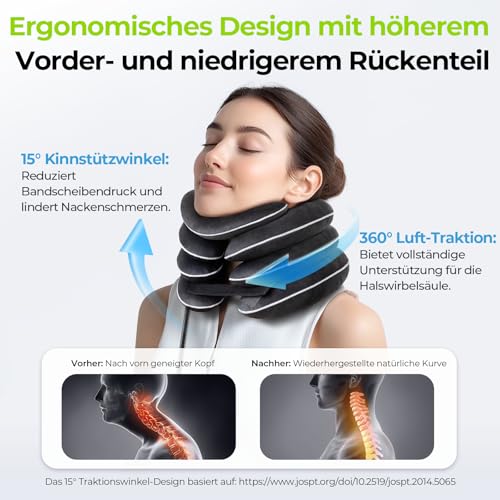 AUVON Nackenstrecker Aufblasbar für Zervikaltraktion mit 3-Schichten-Dehnungsdesign & Kinnstütz-Design, Nackenkissen Halskrause Mensch zur Schmerzlinderung Nackenunterstützung für Unterwegs Zuhause