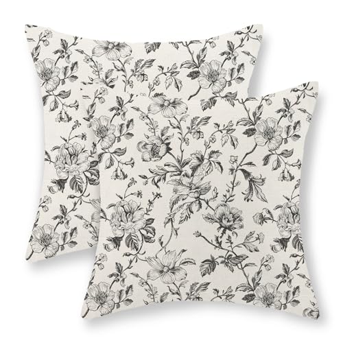 JEFERSO Chinoiserie Floral Pillow Covers 18x18 Set of 2 Black and Cream Floral Decorative Throw Pillow Covers Vintage Rustic Toile Flower Pillowcase Outdoor Decor Linen Cushion Case for Couch Sofa