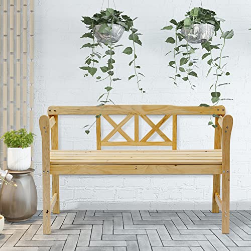 Vicatova Wooden Garden Bench, 2 Person Wood Outdoor Bench With X-Shaped Back And Armrest, Front Porch Chair Bench For Porch, Yard, Park, Lawn #TOP3