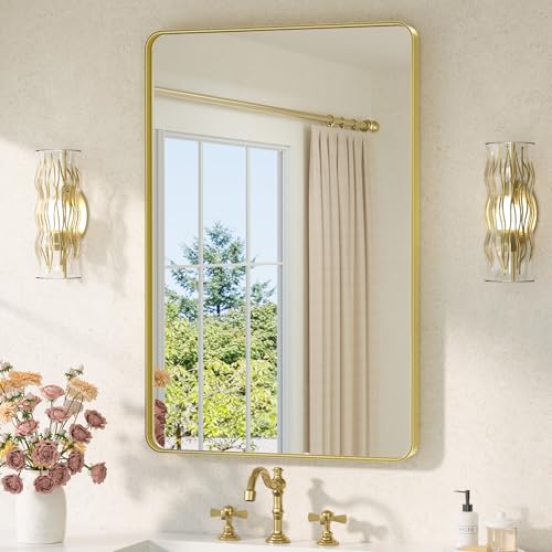 Image of TETOTE Gold Mirror Bathroom 24 x 36 Brushed Gold Metal Framed Vanity Mirror, Tempered Glass, Modern Farmhouse Wall Mounted Mirrors for Decorative(Horizontal /Vertical)