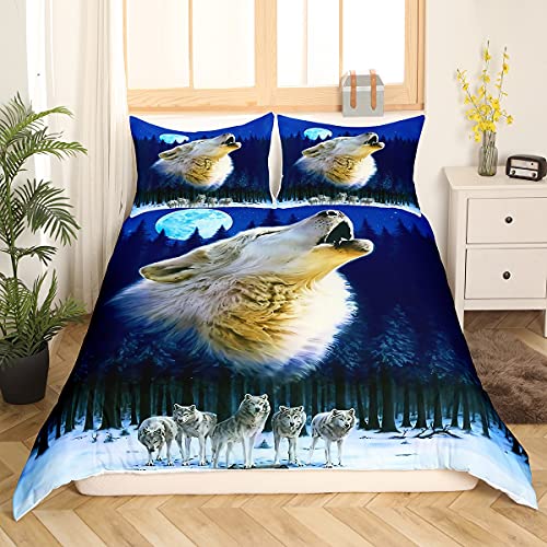 3D Wolf Duvet Cover Kids Moon And Trees Print Bedding Set For Boys Teens 5 Pcs Cool Galaxy Blue Wolf Comforter 3D Starry Sky Print Duvet Cover With 2 Pillow Shams 3D Bedding Soft Bedroom Decor Queen #TOP21