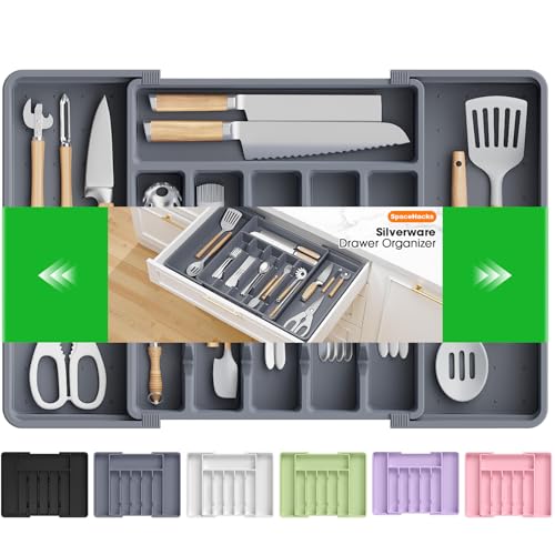 SpaceHacks Silverware Organizer，Adjustable & Expandable Utensil Drawer Organizer, BPA Free Utensil Holder, Cutlery Tray for Forks, Spoons, Knives in Kitchen, Large, Grey