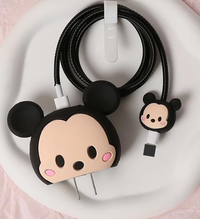 Image of Meyaar Silicone Protective Case for Apple 20W & 18W iPhone USB-C Power Adapter Charger and for USB Lightning Cable, 3D Cartoon Case for iPhone Charger 18W /20W Only (Mickey (Black))