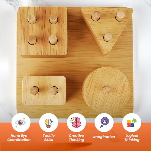 Image of Wooden Shape Sorter Puzzle Toy with 4 Geometric Shapes and Peg Board | Stacking Toy for Toddlers | Educational Montessori Toy for Kids 3+ | Brain and Motor Skill Builder Activity Game