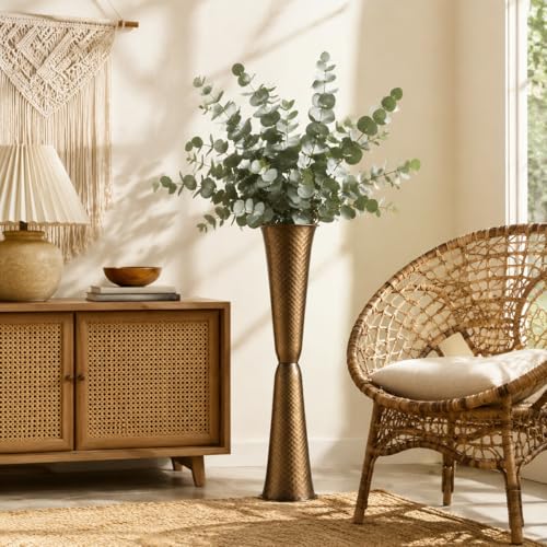 Sziqiqi Gold Metal Tall Floor Vase with Grid Texture Vintage Decor 29.5in