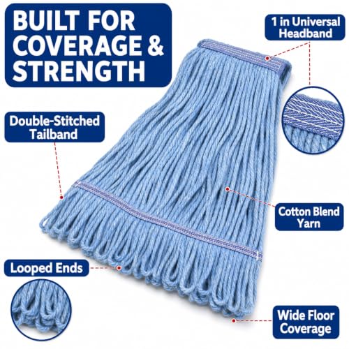 Image of 12 Pack Commercial Cotton Mop Head Replacement, Industrial Wet Mop Replacement Heads, Heavy Duty Loop-End Cotton String Mop Refill, Super Absorbent Floor Mop Head for Home, Garage & Commercial