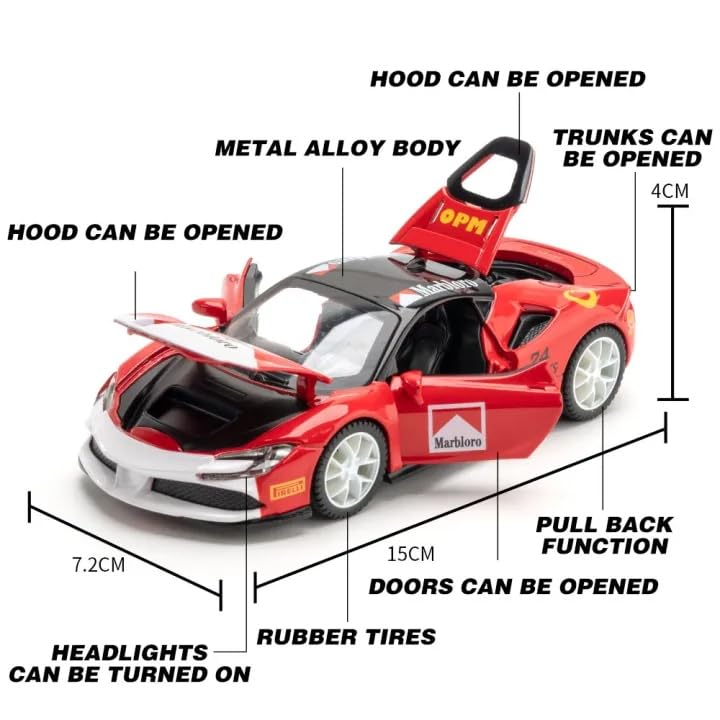 Image of Alokik Enterprise 1:32 Marbloro Ferrari SF90 Sport Die-cast Metal Pull Back Car with 2 Openable Doors with Lights and Sound Toy Decoration, Showpiece Car Best Gift Toys for Kids 【Red】
