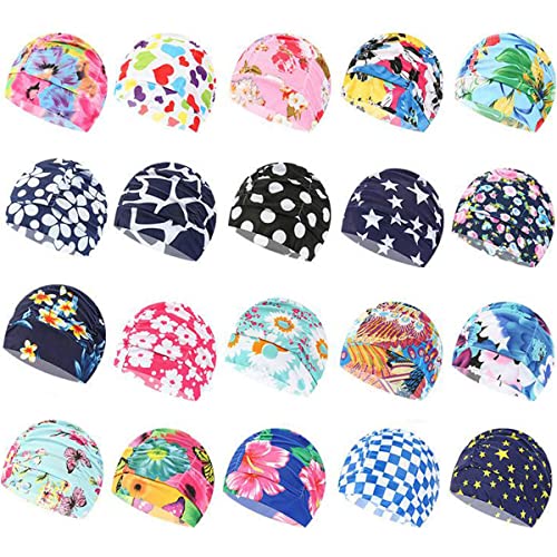 Snadulor 6 Pcs Fashion Pleated Swimming Cap Long Hair Swim Cap Bathing Cap,Cloth Swim Caps for Men and Women,Colorful
