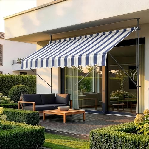 pro.tec Toldo Retráctil Stem Toldos Exterior Terraza Balcón Ajustable en Altura Manual Resistente Protector de Sol Sin Taladrar Acero/Poliéster 300 x 120 x 220-309 cm - Azul Oscuro y Blanco