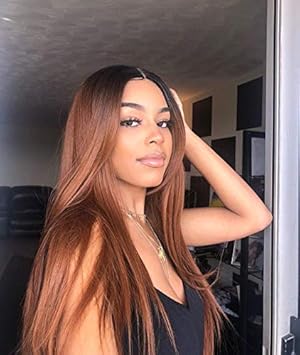 Amazon Com Honey Brown Lace Front Wig With Dark Root Ombre Lace Wig Handmade Wigs Synthetic Hair Smooth Straight Wigs For Women 30b 33 Beauty Personal Care