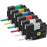 kompatible Schriftband für Brother P-Touch TZe-131 TZe-231 TZe-431 TZe-531 TZe-631 TZe-731; Farbe: schwarz auf transparent, schwarz auf weiß, schwarz auf rot, schwarz auf blau, schwarz auf gelb, schwarz auf grün.