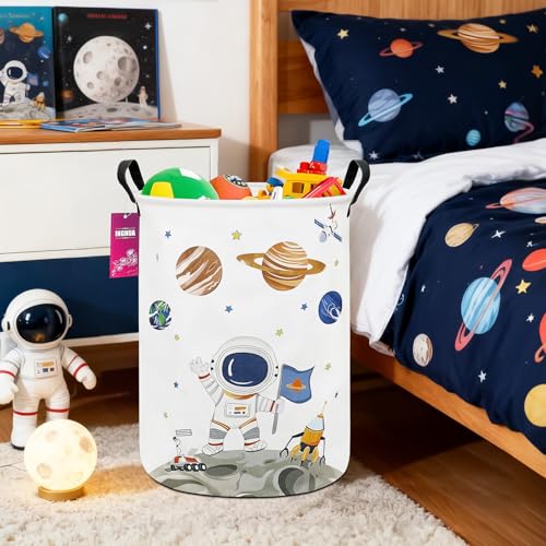 Image of Astronaut Fabric Storage Bin Nursery Organizer Basket | Organizer Bin Dirty Clothes Collapsible Waterproof for College Dorms, Boys and Girls Bedroom,Bathroom