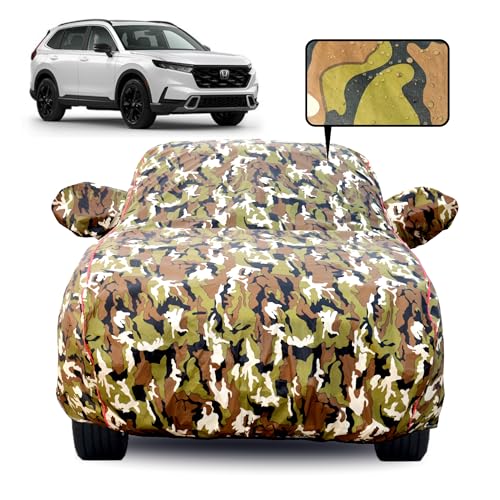 Image of Waterproof Car Body Cover for Honda CR-V (2017-2026) with Mirror Pocket, Soft Cotton Lining, Triple Stitched, Full Bottom Elastic (Heat Resistant Jungle Print with Red Piping)