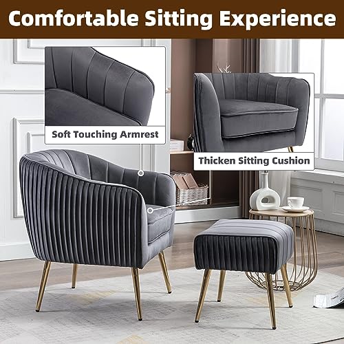 Goolon Accent Chair With Ottoman Velvet Accent Chair Line Tufted Arm Chair Upholstered Living Room Accent Chair With Round Back Armrest Square Ottoman Golden Metal Legs For Reading Bedroom Grey #TOP4