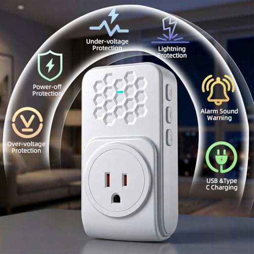 Image of Appliance Surge Protector with Alarm, Voltage Stabilizer Fireproof UL94V-1 Wall Mount Surge Protectors Outlet for Refrigerator, TV & Heavy, Real-Time Monitoring & Custom Voltage 80V-140V, 1Pcs