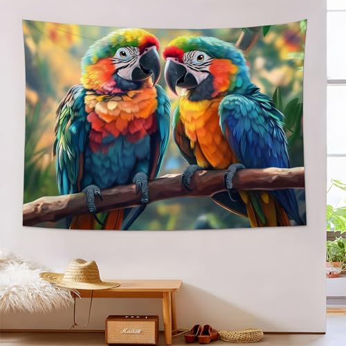 Tapices de pared grandes de tela: tapiz de loro tropical turquesa de 150x230cm para dormitorio