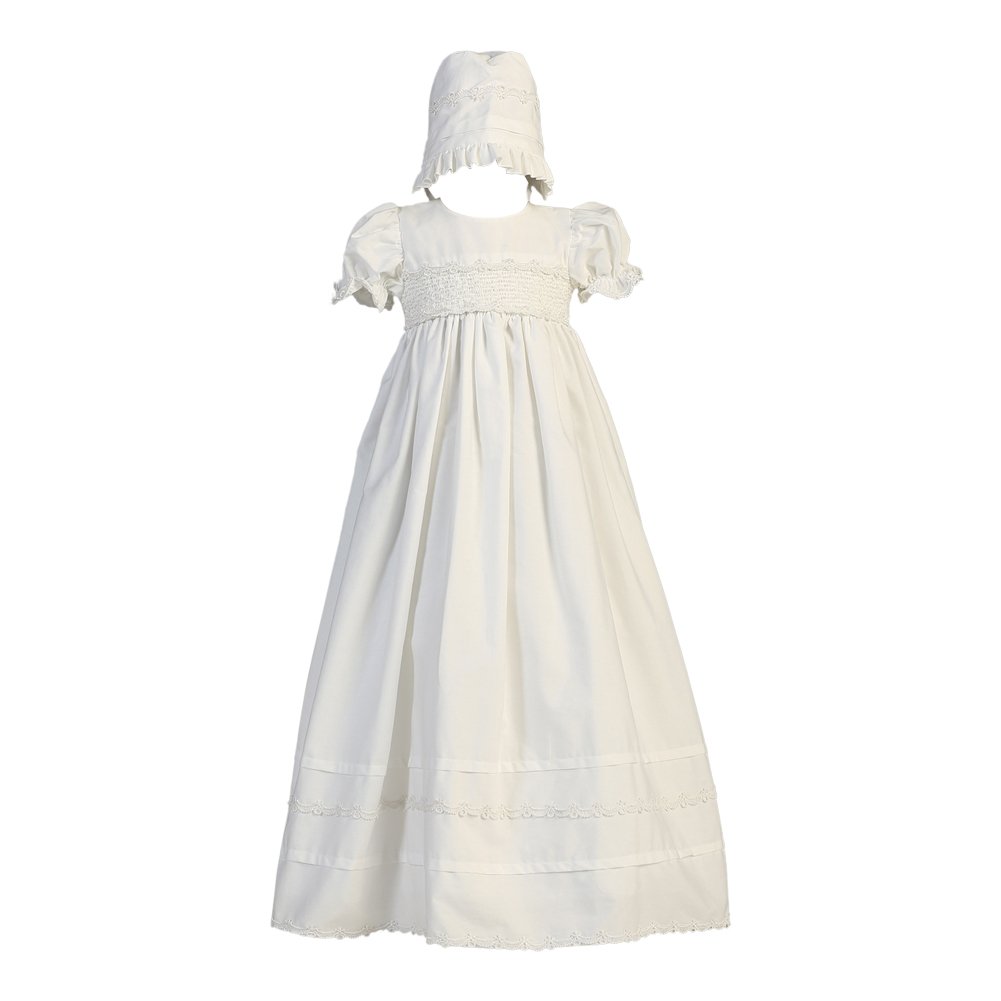 Lito Baby Girls White Smocked Cotton Long Gown Bonnet Baptism Set 0-3M