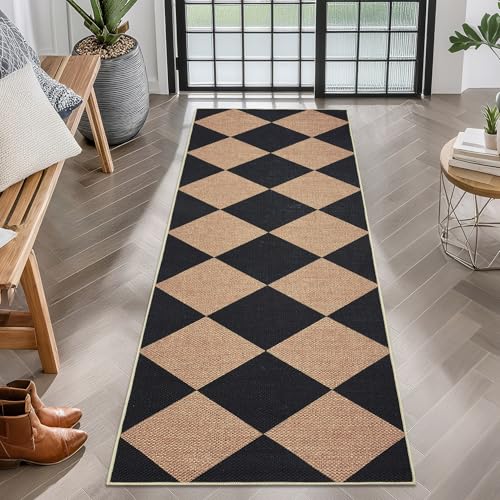 GarveeHome Easy Jute Rugs 2x8 Checkered Kitchen Runner Rugs Non Skid Washable Stain Resistant Indoor Outdoor Rugs for Living Room, Bedroom, Dining, Patio - Farmhouse Style Black Tan