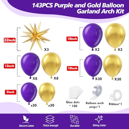 Image of Purple and Gold Balloon Garland Arch Kit - Dark Purple and Metallic Explosion Gold Star Balloons for Birthday Graduation Baby Shower Adults Prom Luxury Violet Royal Party Decorations