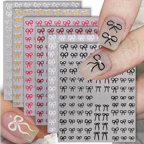 3D Bow Nail Stickers for Women, 6 Colors Bnowknot Nail Art Stickers For Nail Designs Cute Bow Stickers for Nails Design Colorful Ribbon Nail Bows Nail Decals for Nail Art Supplies Bow Tie Nail Sticker
