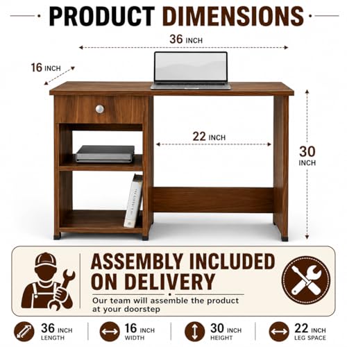 Image of Laptop Table Study Desk with Drawer for Home Office Free Assembly Included