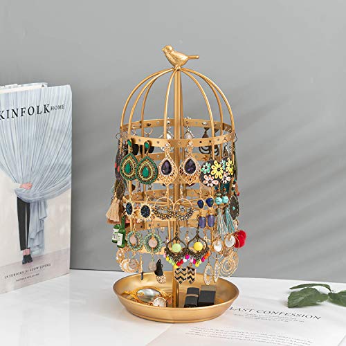 4 Tier Earring Stand Rotating Earring Holder Gold Earring Organizer Rack Hanger Bird Cage Jewelry Display Stand Holder Organizer Tower with Tray/Dish for Earrings Bracelet Rings 128 Holes (Gold)