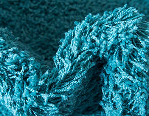 Image of Shaggy Polyester Microfiber Round Rug Carpet for Living Room | Ultra Soft Fluffy Plush Area Rug | Anti-Skid Non-Slip Backing | Washable Carpet for Bedroom- (5x5 feet, Ring Turquoise, Round)