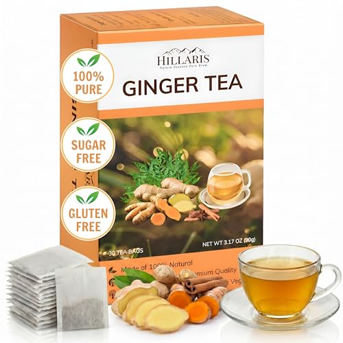 HILLARIS Ginger Herbal Tea Bags with Natural Ingredients - Ginger, Turmeric & Cinnamon, 60 Tea Bags (3g Each) Warming, Cold Relief, Caffeine-Free