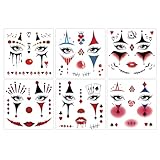 Qpout 6 feuilles Visage de clown Tatouages temporaires, maquillage Halloween Joker Autocollants de faux tatouages pour femmes hommes adultes Costume de carnaval Cosplay Accessoires