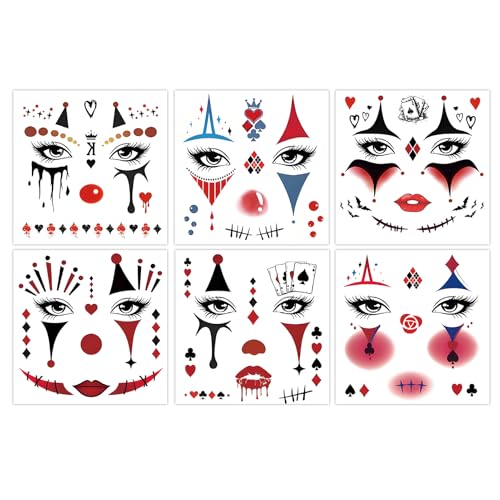 Qpout 6 Foglio Faccia Da Clown Tatuaggi Temporanei, Trucco Joker Di Halloween Adesivi Finti Per Tatuaggi Per Donne Uomini Adulti Costume Da Carnevale Cosplay Mascherade Party Accessori